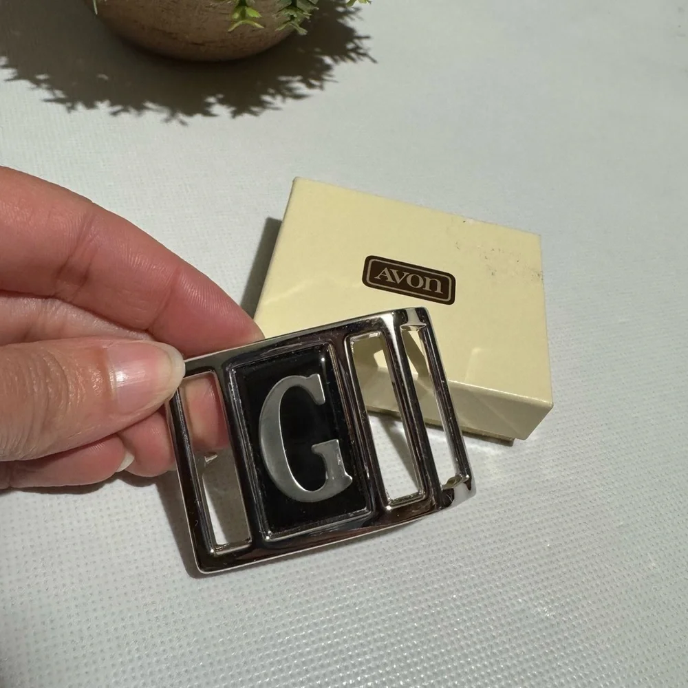 Avon Vintage Initial G Belt Buckle Silver Toned Black Classic Western Biker Goth